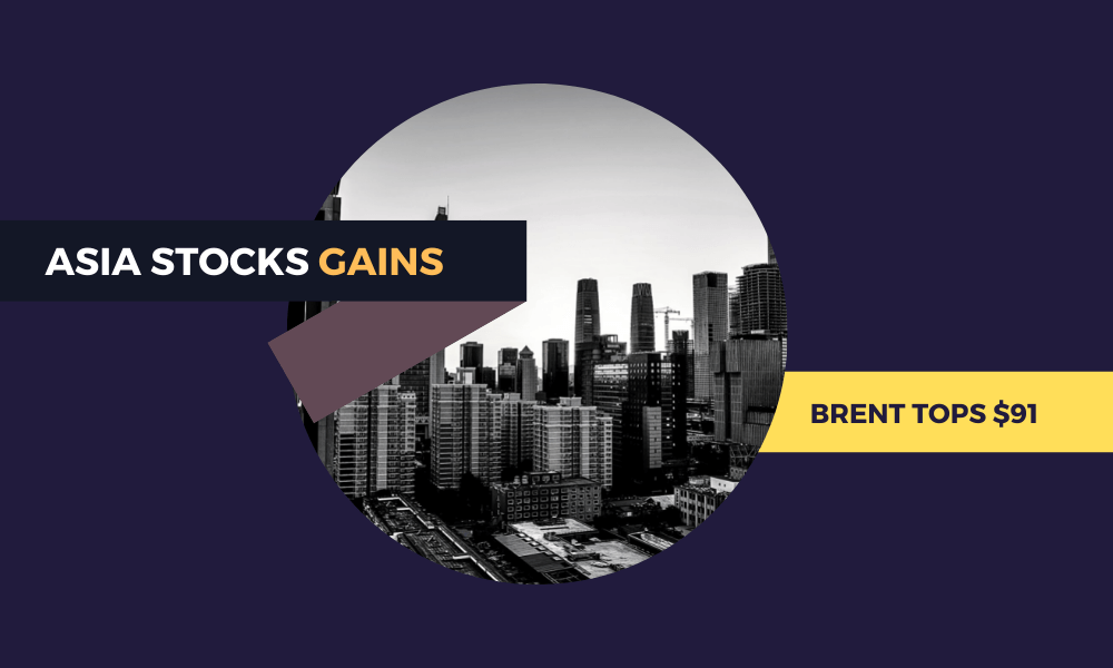Stocks in Asia make tentative advances, while Brent rises above $91 per barrel